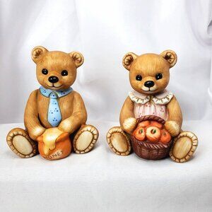 Homco Bear Couple With Honey Jar & Fruit Basket Hand-Painted Details - 4" Tall